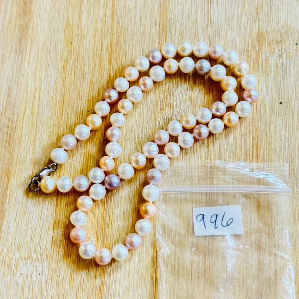 Pearl Necklace VTG Cultured Fresh-Water Tri-Color Beaded Knotted 925 Sterling